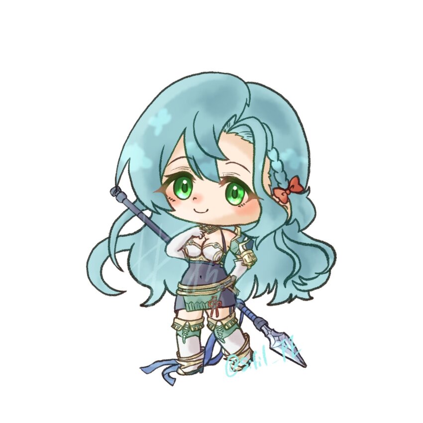 1girl, aqua_hair, armor, bow, braid, breastplate, chibi, chloe_(fire_emblem)