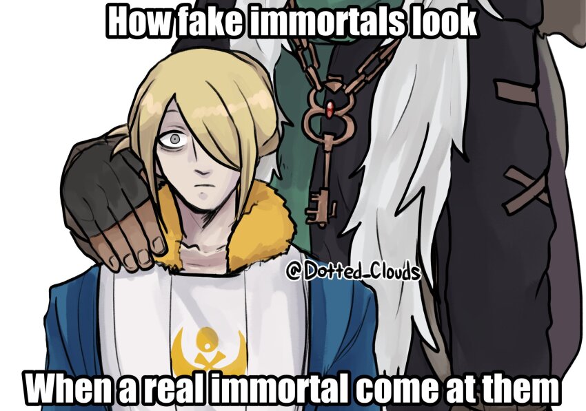 2boys, age_difference, az_(pokemon), blonde_hair, dotted_clouds, english_text, expressionless, fingerless_gloves