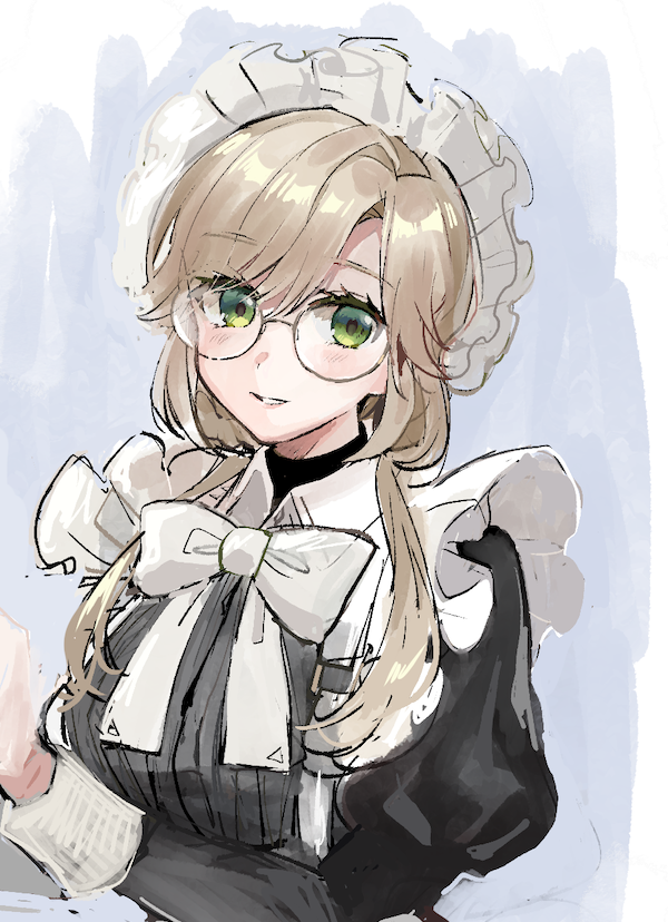 1girl, ade_(nikke), apron, black_dress, blonde_hair, bowtie, braid, breasts