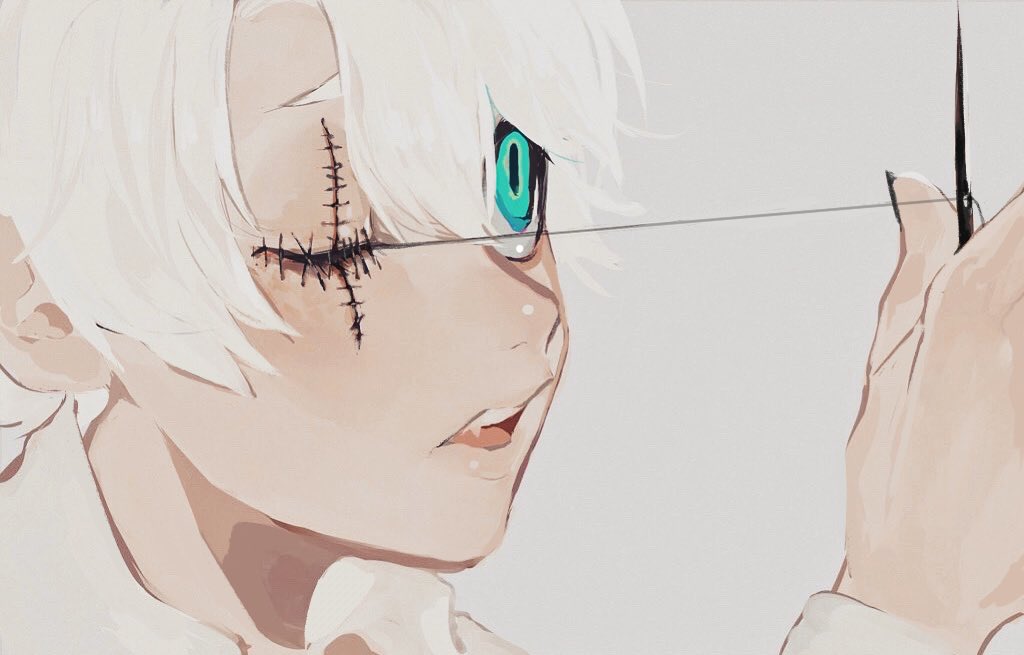 1boy, blue_eyes, collared_shirt, commentary_request, fangs, grey_background, hand_up, holding