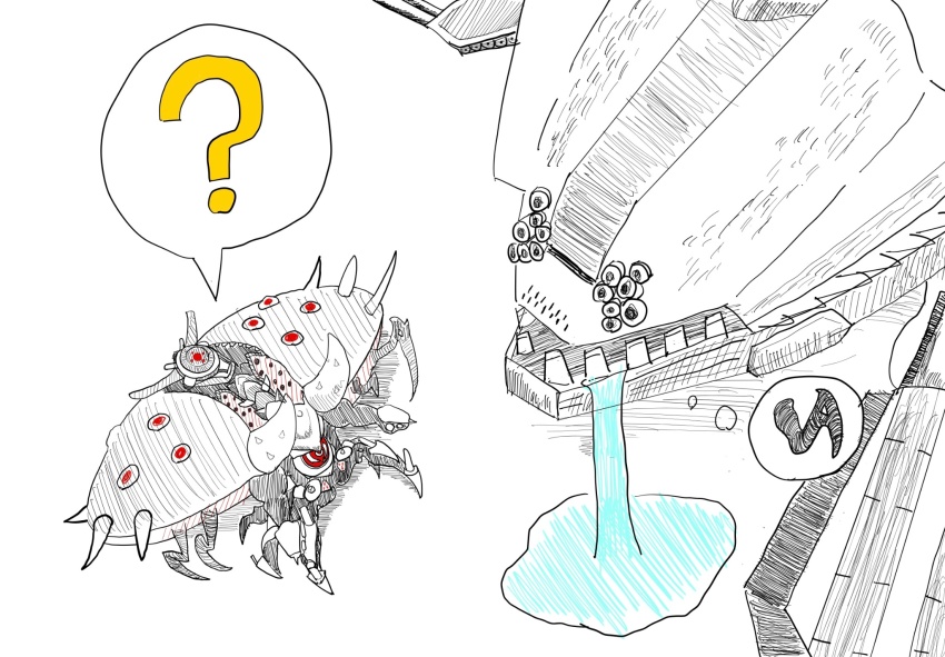 ?, blacksmith_(nikke), drooling, goddess_of_victory:_nikke, highres, land_eater_(nikke), nikke_landeater, non-humanoid_robot, rapture_(nikke), robot, spoken_question_mark