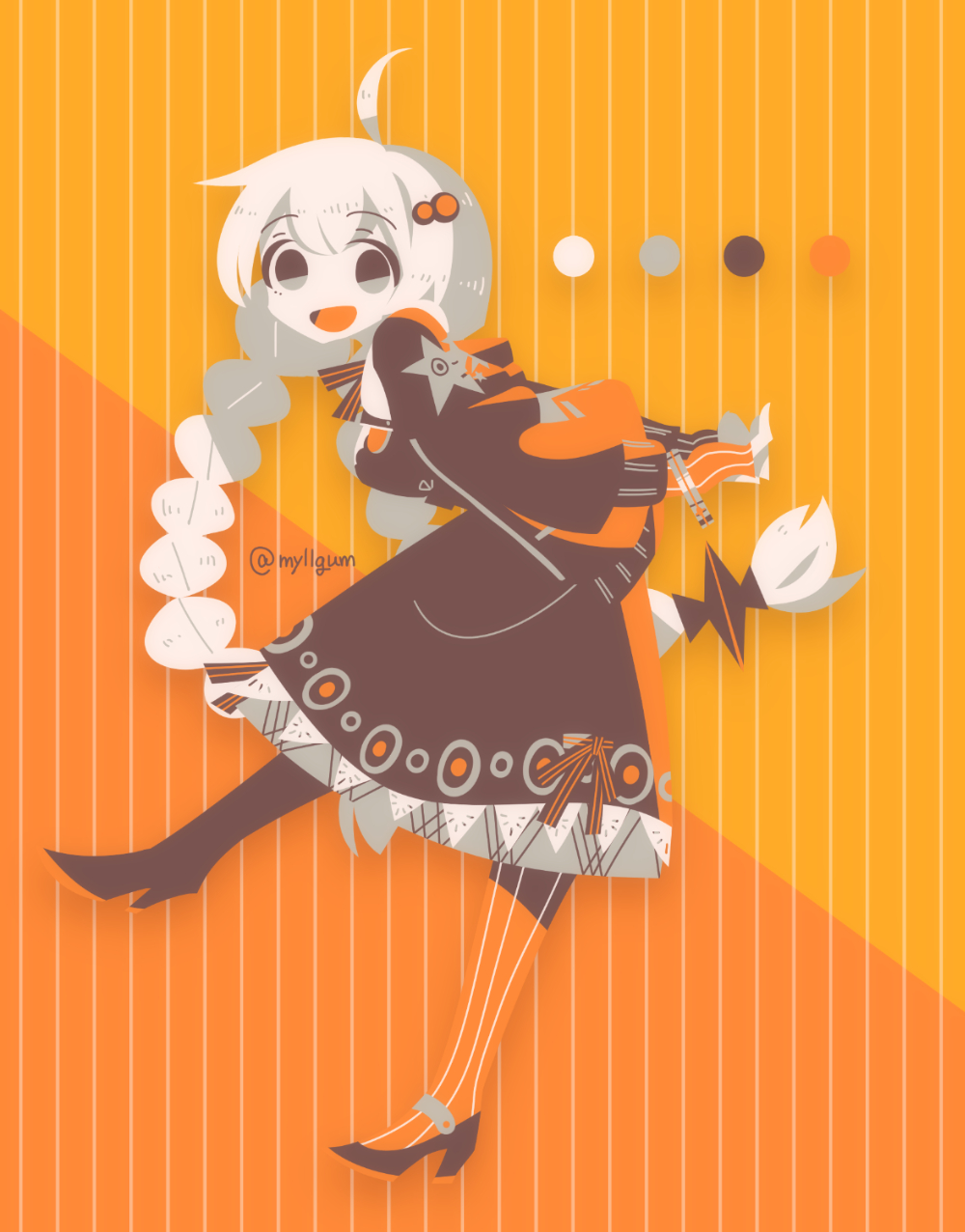 1girl, ahoge, arms_behind_back, black_dress, black_jacket, bracelet, braid, breasts, color_guide, colored_skin, commentary_request, dated_commentary, dress, fingerless_gloves, from_side, full_body, gloves, grey_eyes, hair_ornament, high_heels, highres, jacket, jewelry, kizuna_akari, large_breasts, leaning_forward, limited_palette, long_hair, long_sleeves, looking_at_viewer, looking_to_the_side, low_twin_braids, my11gum, open_clothes, open_jacket, open_mouth, orange_background, orange_pantyhose, orange_theme, own_hands_together, pantyhose, smile, solo, standing, standing_on_one_leg, striped_clothes, striped_pantyhose, twin_braids, twitter_username, vertical-striped_clothes, vertical-striped_pantyhose, very_long_hair, vocaloid, voiceroid, white_hair, white_skin