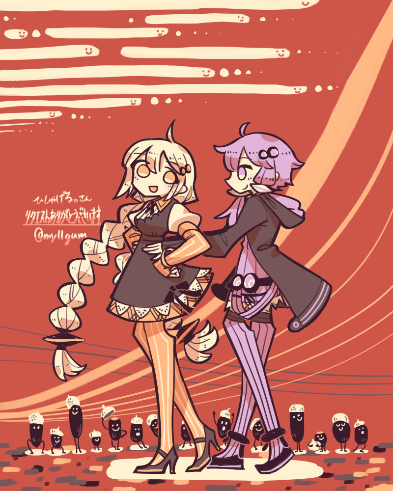 2girls, acorn, alternate_eye_color, animate_object, anklet, behind_another, black_dress, black_jacket