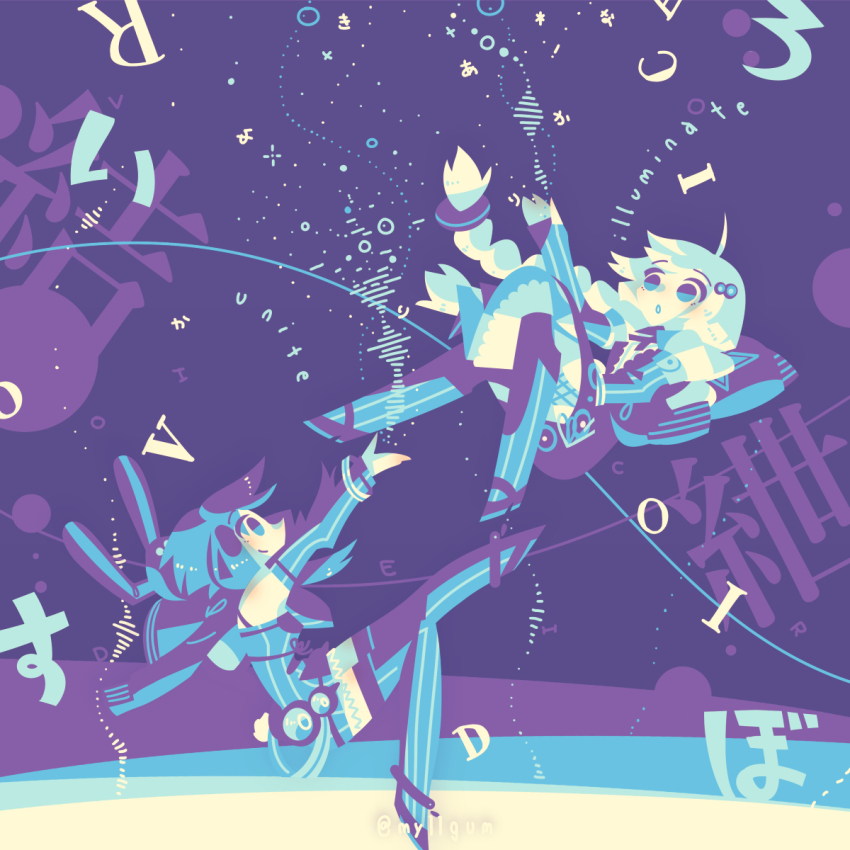 2girls, :o, anklet, character_name, closed_mouth, detached_sleeves, dress, english_text