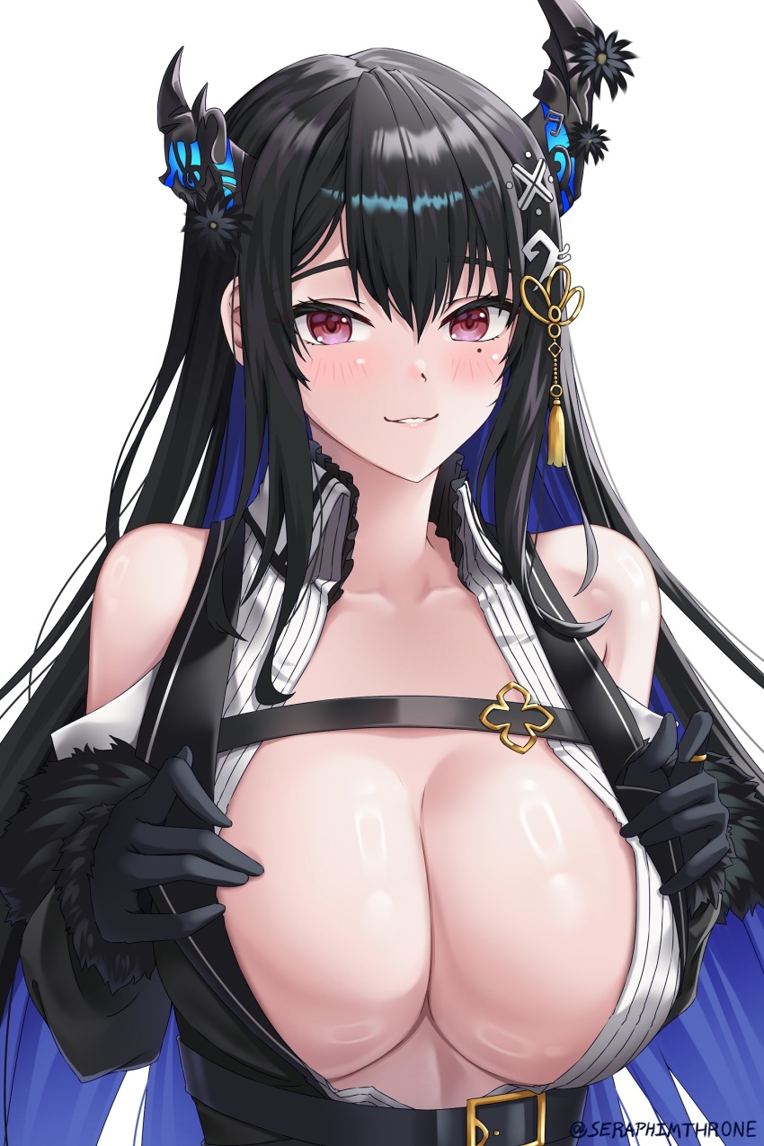 1girl, asymmetrical_horns, bare_shoulders, belt, black_belt, black_flower, black_gloves, black_hair, black_horns, blue_hair, blush, breasts, chest_belt, clothing_cutout, collared_shirt, colored_inner_hair, demon_horns, dress_shirt, feather-trimmed_sleeves, flower, gloves, hair_between_eyes, hair_ornament, highres, hololive, hololive_english, horn_flower, horns, large_breasts, long_hair, long_sleeves, looking_at_viewer, mole, mole_under_eye, multicolored_hair, nerissa_ravencroft, nerissa_ravencroft_(1st_costume), open_clothes, open_shirt, opened_by_self, parted_lips, red_eyes, ribbed_shirt, seraphim_throne, shiny_skin, shirt, shoulder_cutout, simple_background, smile, solo, tassel, tassel_hair_ornament, teeth, twitter_username, two-tone_hair, underbust, uneven_horns, upper_body, virtual_youtuber, white_background, white_shirt