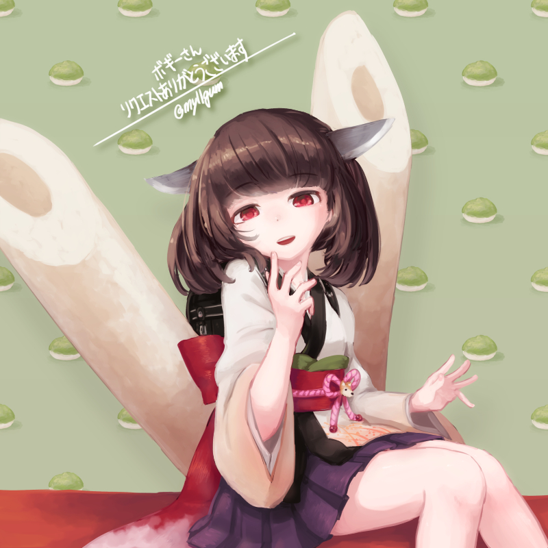 1girl, backpack, bag, black_bag, brown_hair, commission, feet_out_of_frame, food-themed_background