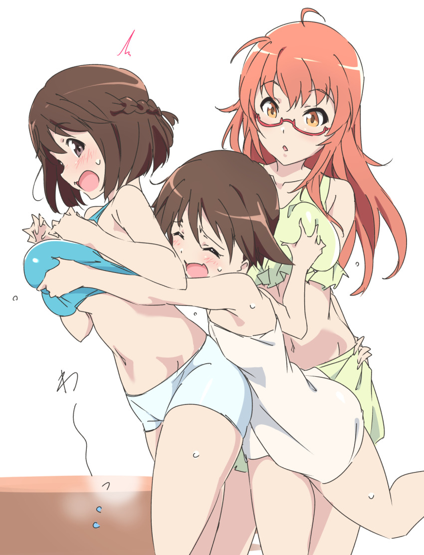 3girls, bikini, bikini_shorts, blush, braid, breasts, brown_eyes, brown_hair, closed_eyes, glasses, grabbing_another's_breast, grabbing_from_behind, groping, highres, large_breasts, long_hair, miyafuji_yoshika, multiple_girls, navel, open_mouth, orange_hair, red-framed_eyewear, semi-rimless_eyewear, shibuya_inori, short_hair, shorts, simple_background, strike_witches, sweat, swimsuit, sylvie_cariello, umanosuke, under-rim_eyewear, white_background, world_witches_series, yuri