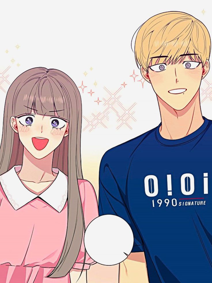 1boy, 1girl, blonde_hair, blue_shirt, blush, cherry_blossoms_after_winter, happy, jo_yonghee, light_brown_hair, long_hair, looking_at_viewer, nam_jia, pink_shirt, purple_eyes, shirt, simple_background, smile, sparkle, tongue, very_long_hair, white_background
