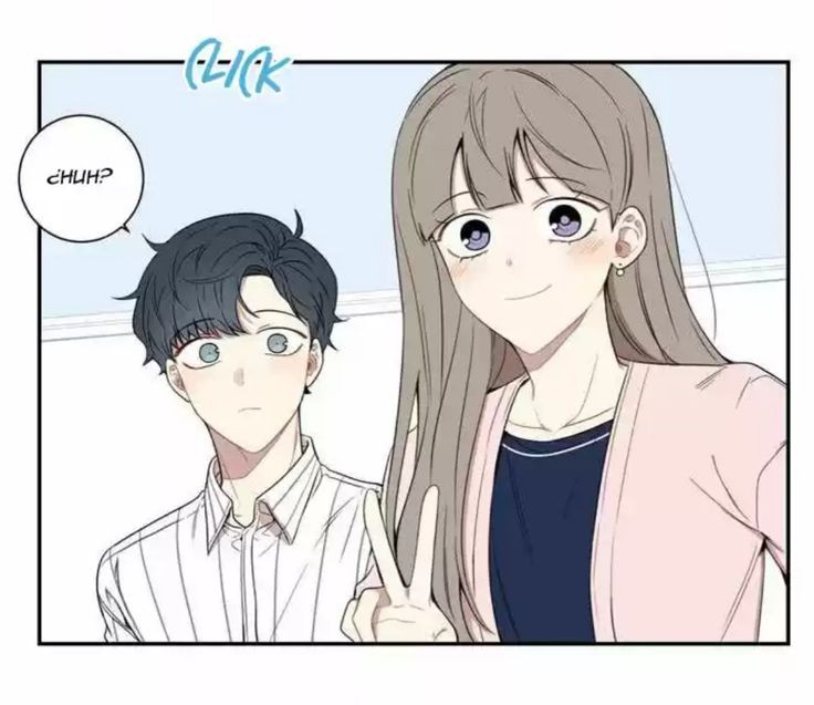 1boy, 1girl, ahoge, black_hair, blue_shirt, blush, cherry_blossoms_after_winter, closed_mouth, hand_up, light_brown_hair, long_hair, looking_at_viewer, nam_jia, photo_(medium), pink_shirt, purple_eyes, seo_haebom, shirt, simple_background, smile, v, very_long_hair, white_background, white_shirt