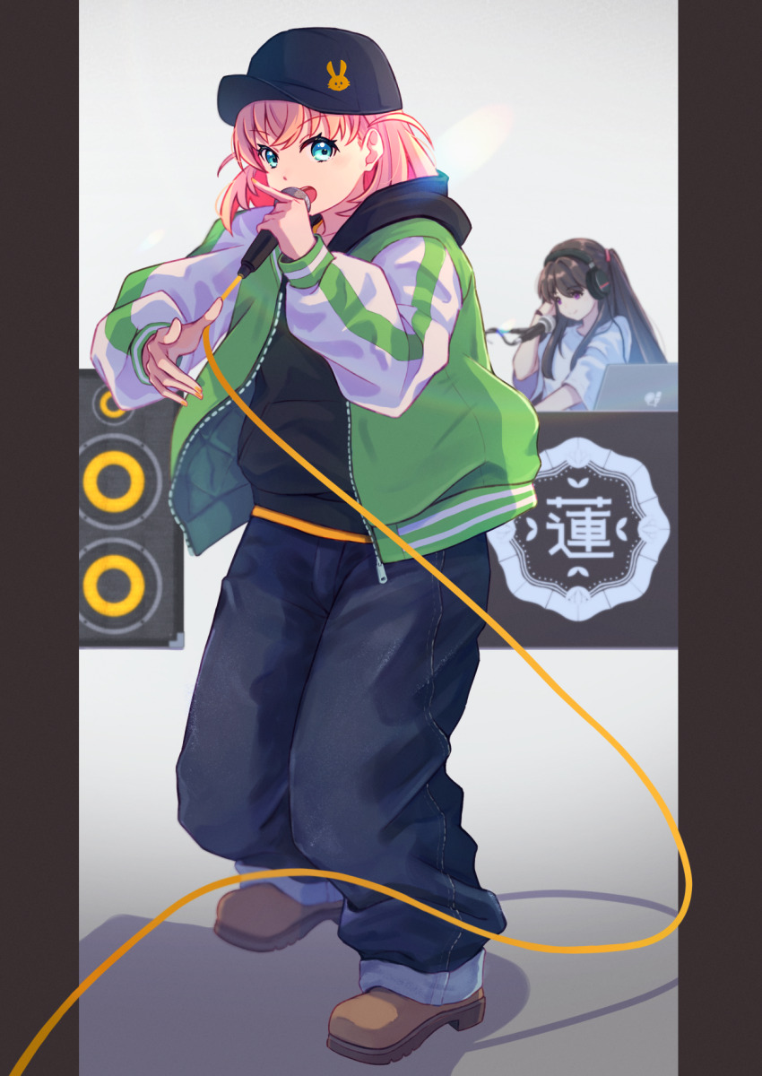 2girls, :d, aqua_eyes, baseball_cap, black_hat, black_hoodie, brown_hair, brown_shoes