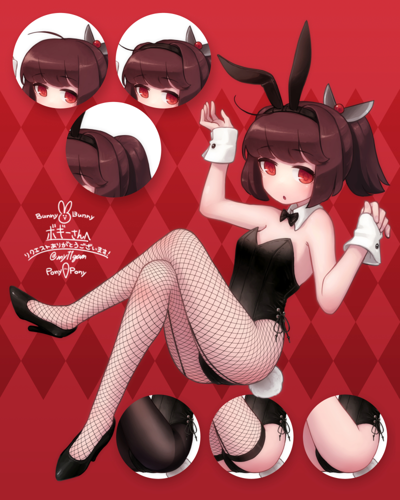 1girl, :o, alternate_costume, alternate_hairstyle, animal_ear_hairband, animal_ears, argyle_background, breasts