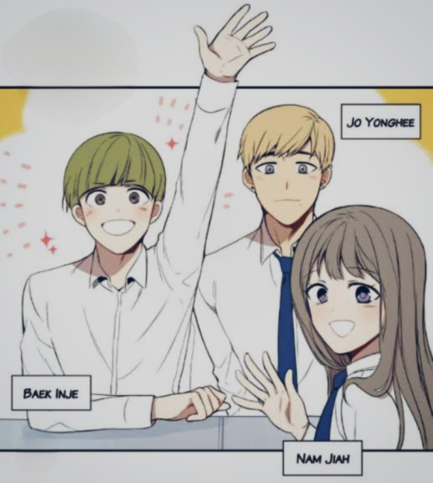 1girl, 2boys, baek_inje, blonde_hair, blue_eyes, brown_eyes, cherry_blossoms_after_winter, closed_mouth, green_hair, hands_up, highres, jo_yonghee, light_brown_hair, long_hair, looking_at_viewer, multiple_boys, nam_jia, open_mouth, purple_eyes, school_uniform, shirt, sitting, smile, very_long_hair, white_shirt