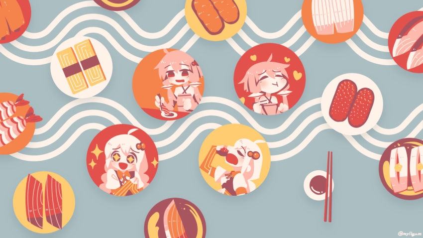 +_+, 2girls, ahoge, alternate_eye_color, black_eyes, blue_background, braid, chibi