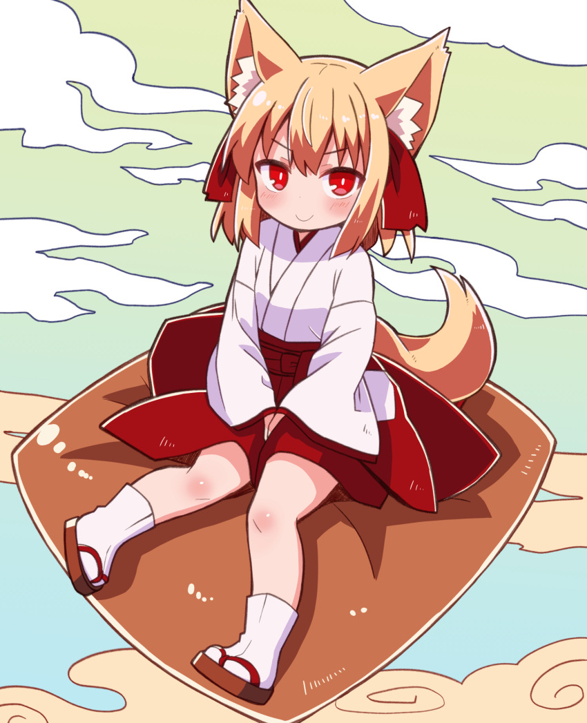 1girl, animal_ears, blonde_hair, closed_mouth, cloud, commentary_request, cushion, fox_ears