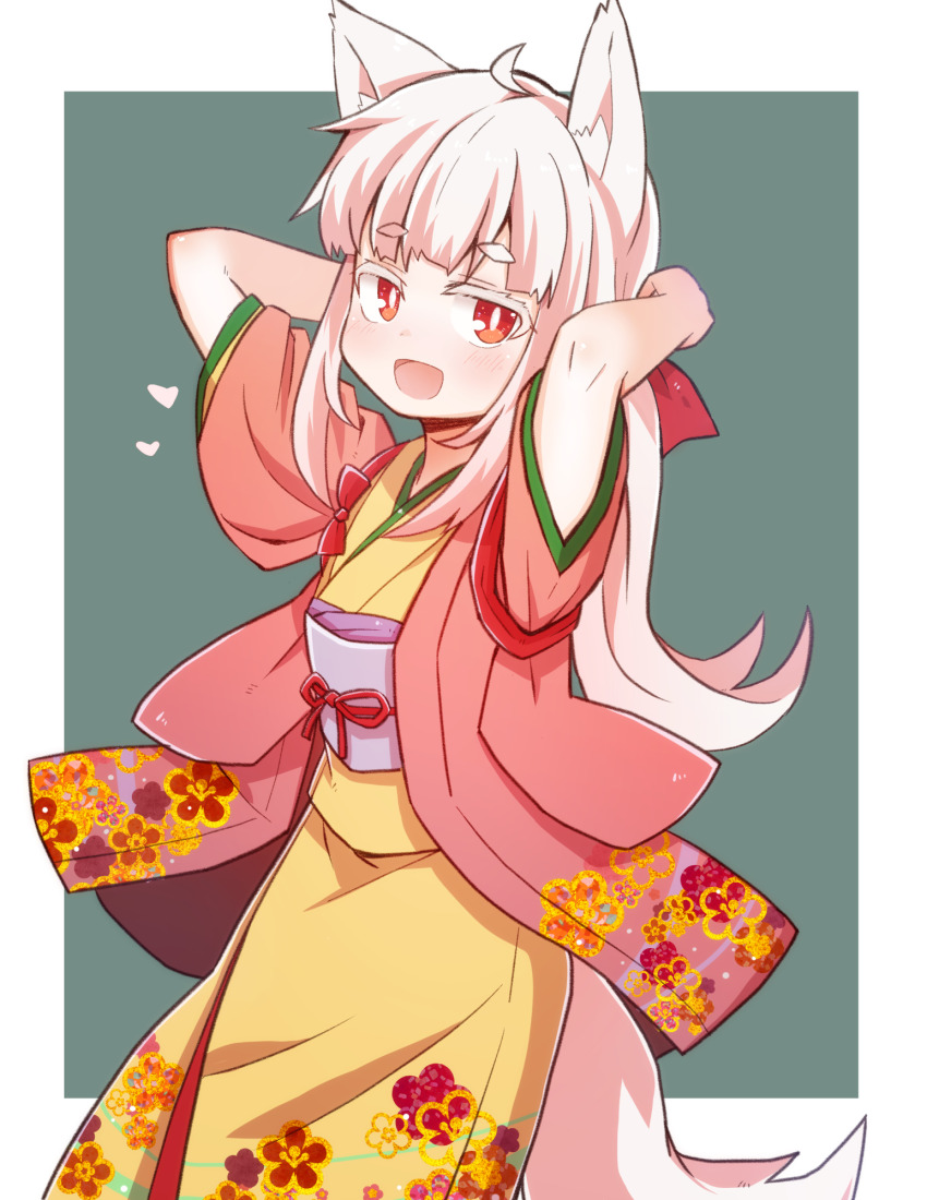 1girl, ahoge, albino, animal_ears, arms_behind_head, blue_sash, bow, commentary_request