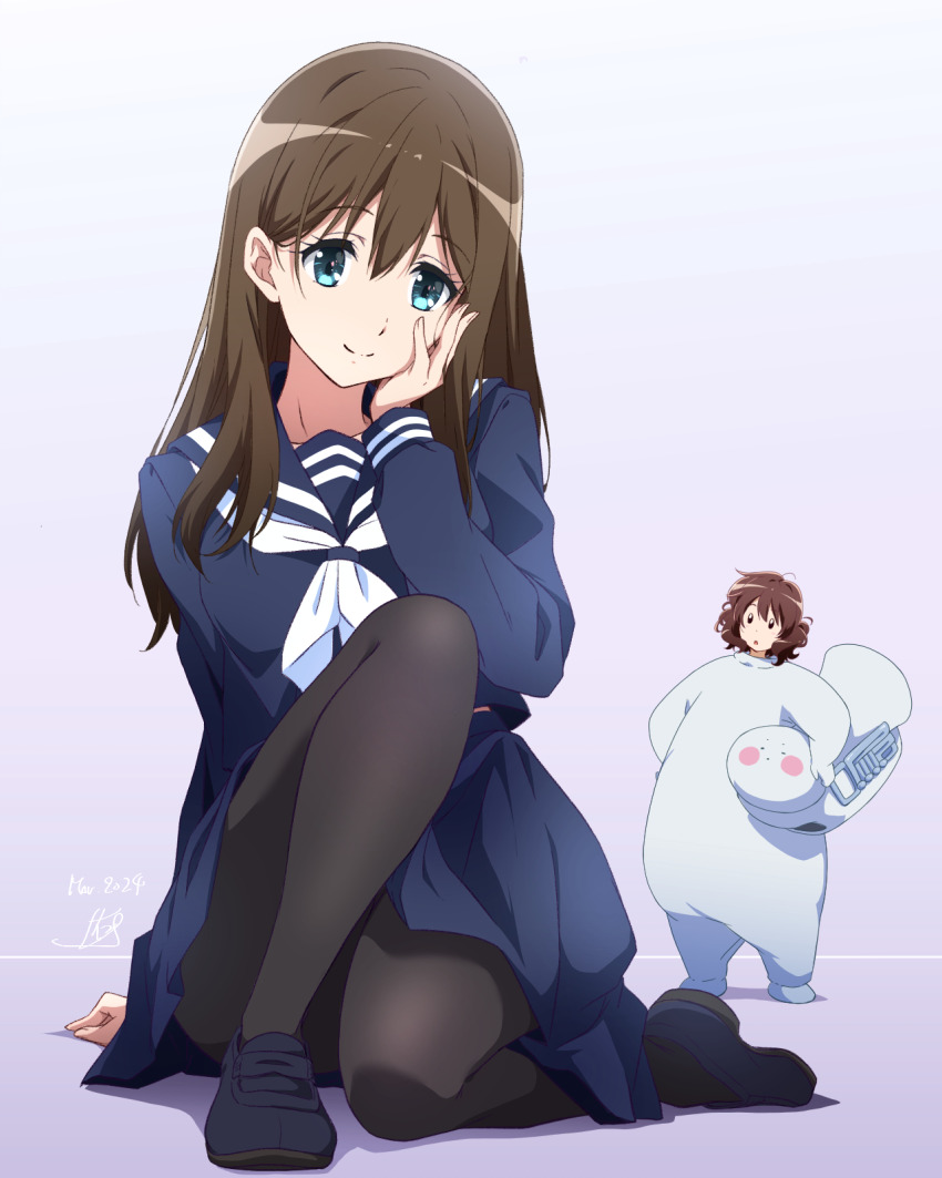 2girls, artist_name, black_pantyhose, blue_eyes, blue_jacket, blue_skirt, brown_hair, dated
