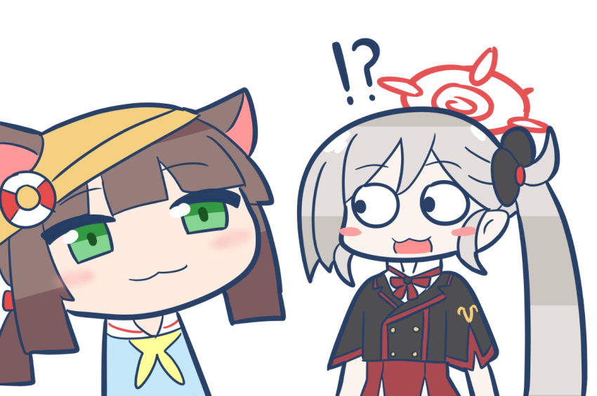 !?, 2girls, aoirocombo, azur_lane, blue_archive, halo, hat, kindergarten_uniform, meme, multiple_girls, mutsuki_(azur_lane), mutsuki_(blue_archive), mutsuki_face_(azur_lane), red_halo, red_uniform, school_hat, staring, voice_actor_connection, white_background, yostar