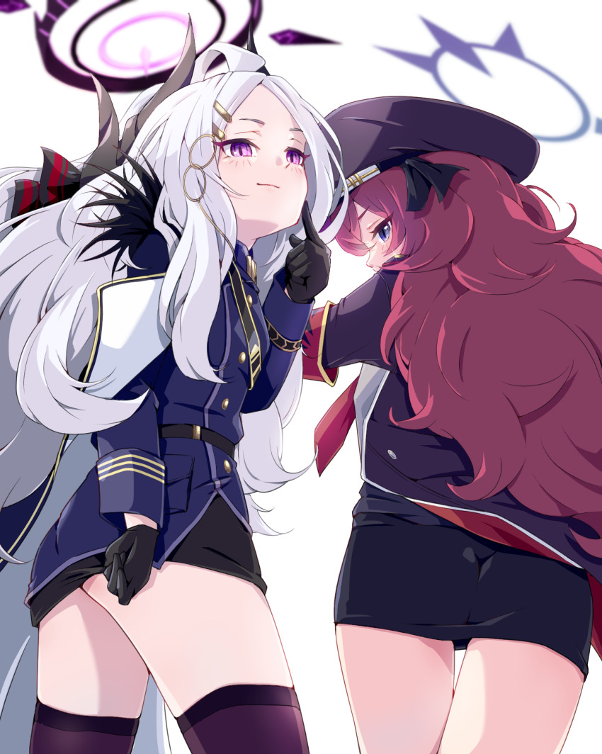 2girls, black_gloves, black_horns, blue_archive, demon_girl, demon_horns, from_behind, gloves