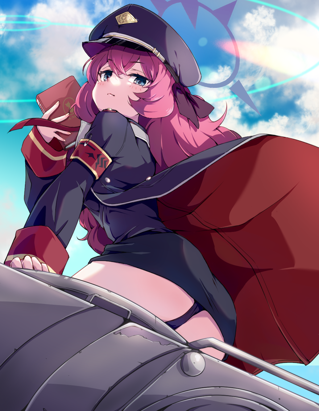 1girl, black_jacket, black_panties, black_skirt, blue_archive, blue_eyes, blush, book