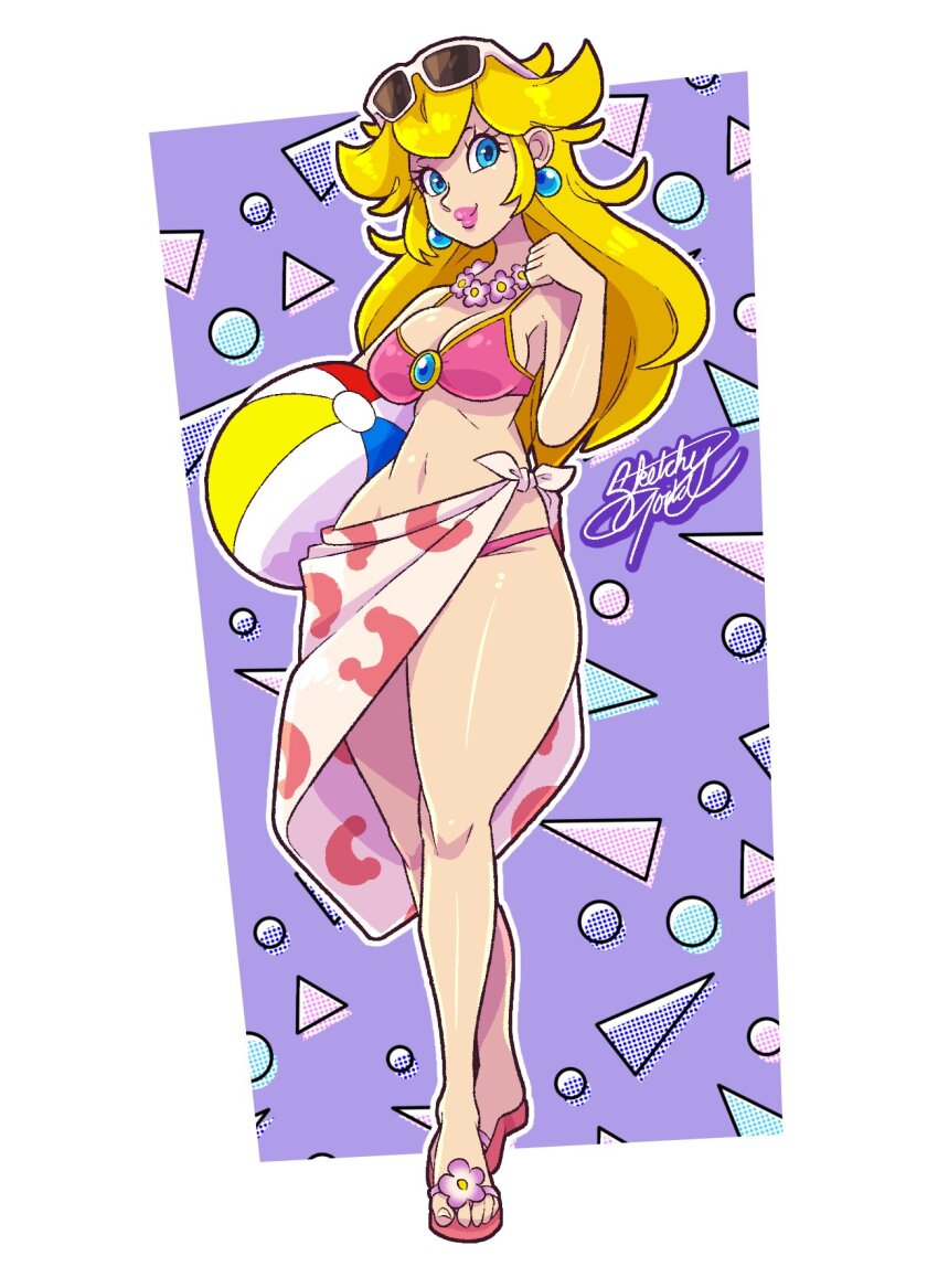 1girl, ball, beachball, bikini, blonde_hair, blue_eyes, breasts, crystal_earrings, earrings, highres, jewelry, lipstick, makeup, mario_(series), medium_breasts, navel, nintendo, pink_bikini, pink_lips, princess_peach, princess_peach_(swimwear), sandals, sarong, sketchytodd, sunglasses, super_mario_odyssey, swimsuit, thick_thighs, thighs