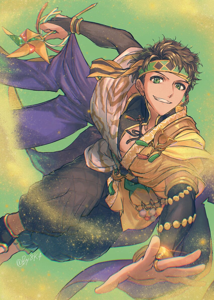 1boy, animal, animal_on_shoulder, baggy_pants, bracelet, bridal_gauntlets, by8k4, claude_von_riegan, claude_von_riegan_(winds_offered), damaged, fire_emblem, fire_emblem:_three_houses, gold_cape, green_headband, headband, highres, holding, holding_pinwheel, jewelry, male_focus, nintendo, official_alternate_costume, pants, pinwheel, sand, single_bare_shoulder