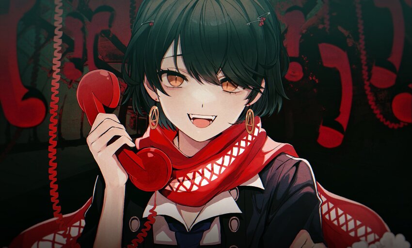 1boy, androgynous, antique_phone, black_background, black_hair, collared_shirt, earrings, hand_up