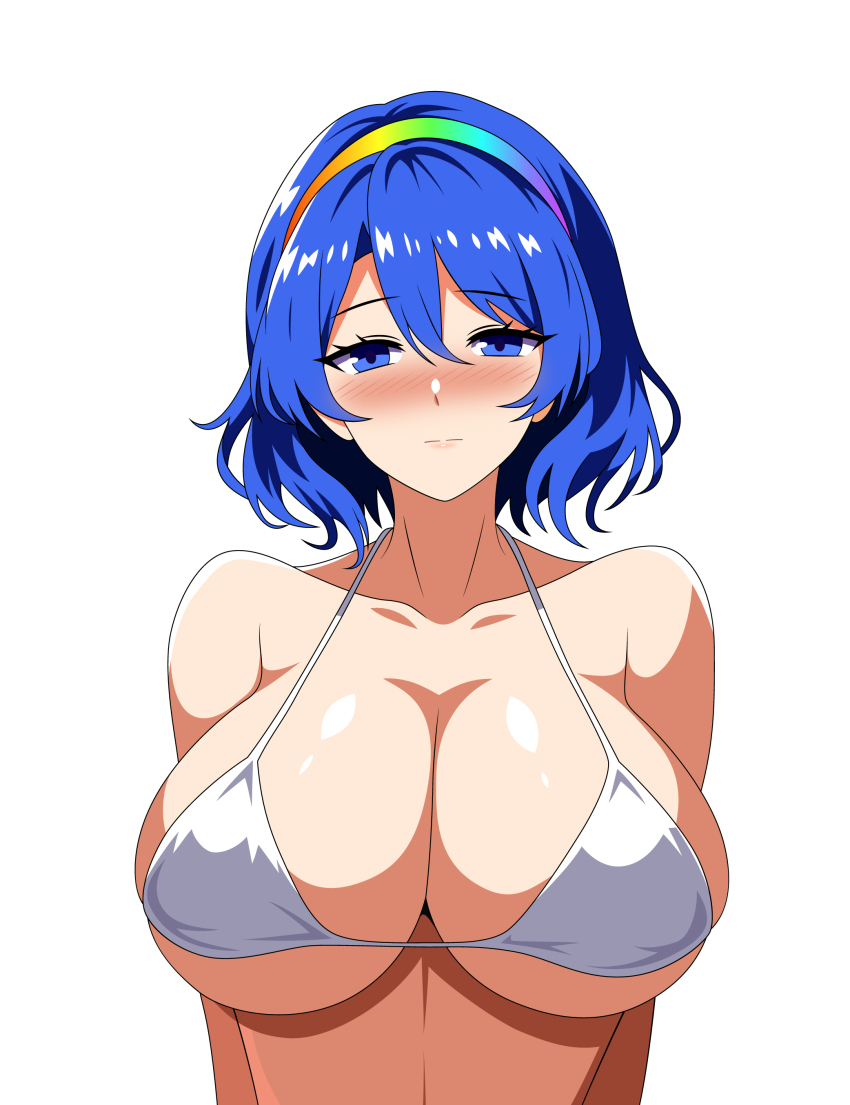 1girl, absurdres, bikini, blue_eyes, blue_hair, blush, breasts, cleavage