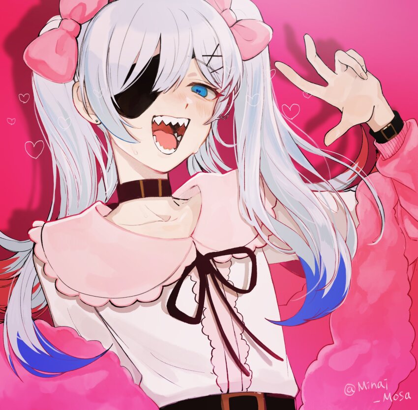 1boy, artist_name, black_ribbon, blue_eyes, blue_hair, borrowed_character, bow, brown_collar