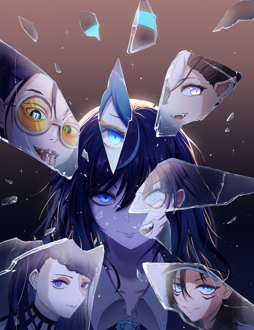 6+girls, absurdres, ado_(utaite), backlighting, baseball_cap, blue_eyes, blue_hair, braid