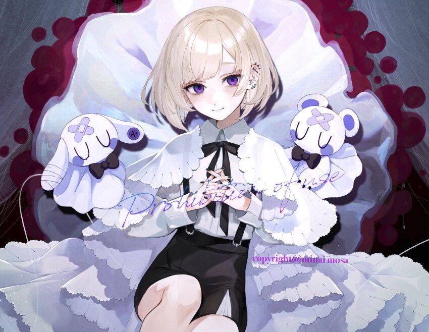 1boy, androgynous, artist_name, black_nails, black_ribbon, black_shorts, blonde_hair, closed_mouth, collared_shirt, commission, dokuzu_(vocaloid), ear_piercing, hands_up, highres, long_sleeves, looking_at_viewer, male_focus, minai_mosa, neck_ribbon, original, own_hands_clasped, own_hands_together, piercing, puffy_long_sleeves, puffy_sleeves, purple_eyes, ribbon, shirt, short_hair, shorts, sitting, smile, solo, suspenders, watermark, white_shirt