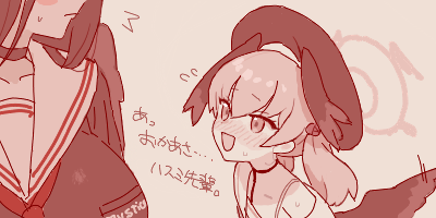 2girls, ^^^, beret, blue_archive, blush, body_markings, bra_strap, breasts, choker, closed_mouth, embarrassed, feathered_wings, flapping, flying_sweatdrops, freudian_slip, frown, halo, hasumi_(blue_archive), hat, head_out_of_frame, head_wings, height_difference, koharu_(blue_archive), large_breasts, long_hair, looking_at_another, looking_up, lowres, maibotsumou, monochrome, multiple_girls, multiple_wings, nose_blush, oekaki, off_shoulder, open_mouth, red_theme, school_uniform, serafuku, simple_background, smile, translated, twintails, upper_body, wings