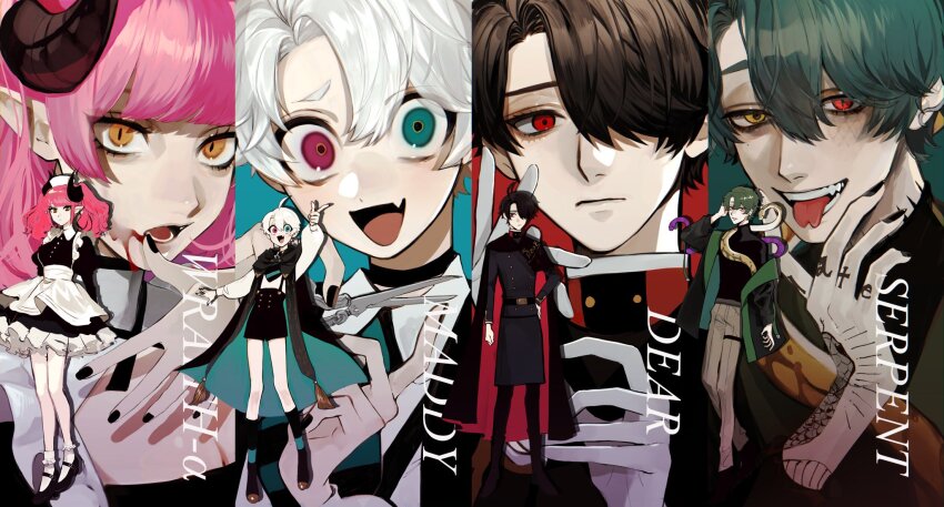 1girl, 3boys, ahoge, animal, aqua_eyes, arm_tattoo, black_cape, black_dress