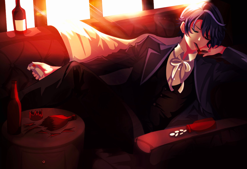 1boy, absurdres, alcohol, blue_eyes, blue_hair, bottle, closed_eyes, dim_lighting