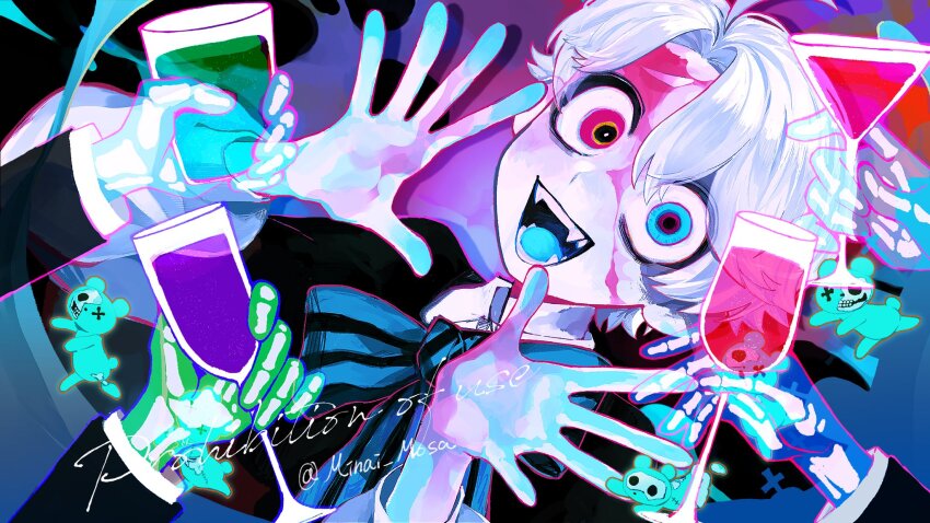 1boy, alcohol, artist_name, blue_eyes, blue_tongue, champagne_flute, child, colored_skin, colored_tongue, commentary, cup, disembodied_hand, drink, drinking_glass, fangs, hands_up, highres, holding, holding_cup, holding_drink, long_sleeves, looking_at_viewer, maddy_(minai_mosa), male_focus, minai_mosa, open_mouth, original, pink_eyes, puffy_long_sleeves, puffy_sleeves, purple_background, see-through_body, untranslatable_commentary, twitter_username, upper_body, watermark, white_hair, white_skin, wine