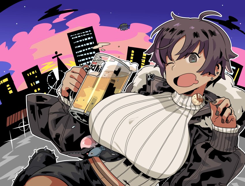 1girl, absurdres, beer_mug, black_footwear, black_jacket, black_nails, black_skirt, bon_(vtuber), breasts, brown_hair, building, cup, earrings, fanny_pack, food, froth, fur-trimmed_jacket, fur_trim, grey_eyes, highres, holding, holding_cup, holding_food, indie_virtual_youtuber, jacket, jewelry, large_breasts, mug, multicolored_hair, one_eye_closed, open_clothes, open_jacket, open_mouth, outline, pink_hair, ribbed_shirt, second-party_source, shirt, short_hair, skirt, sky, skyscraper, solo, sparkle, spiked_footwear, streaked_hair, sweater, takoyaki, turtleneck, turtleneck_sweater, virtual_youtuber, watasi_ch3, white_outline, white_shirt