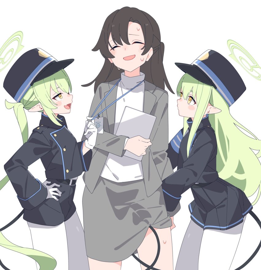 3girls, belt, black_belt, black_hair, black_hat, black_shorts, black_skirt, black_tail, blue_archive, blush_stickers, brown_hair, closed_eyes, cowboy_shot, demon_tail, fang, female_sensei_(blue_archive), forced_smile, gloves, green_hair, green_halo, grey_skirt, halo, hat, hikari_(blue_archive), nozomi_(blue_archive), highres, holding, holding_tablet_pc, id_card, long_hair, long_sleeves, looking_at_another, medium_hair, mikokomiyazawa, multiple_girls, open_mouth, pantyhose, peaked_cap, pencil_skirt, pleated_skirt, pointy_ears, ponytail, sensei_(blue_archive), shirt, shorts, simple_background, skin_fang, skirt, smile, tablet_pc, tail, tail_under_clothes, very_long_hair, white_background, white_gloves, white_pantyhose, white_shirt, yellow_eyes