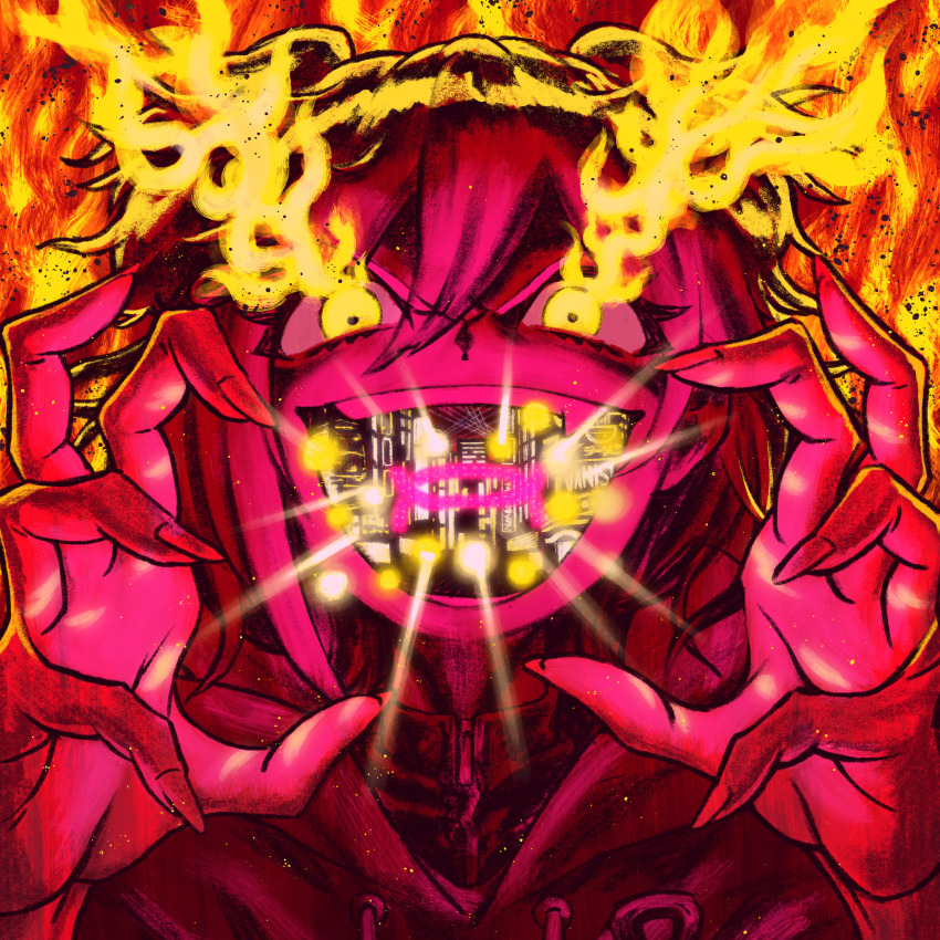 1girl, absurdres, album_cover, arch, backlighting, city_lights, claw_pose, cover, denonbu, double_exposure, fingernails, fire, flaming_eyes, glowing, glowing_eyes, hair_ears, hands_up, highres, limited_palette, looking_at_viewer, official_art, ogami_matoi, open_mouth, sharp_fingernails, short_hair, smile, solo, superlog, teeth, upper_body, yellow_eyes