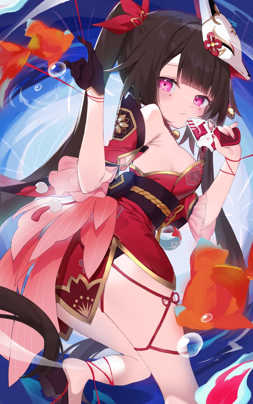 absurdres, armpit_crease, bare_shoulders, black_gloves, black_hair, blush, breasts, butterfly-shaped_pupils
