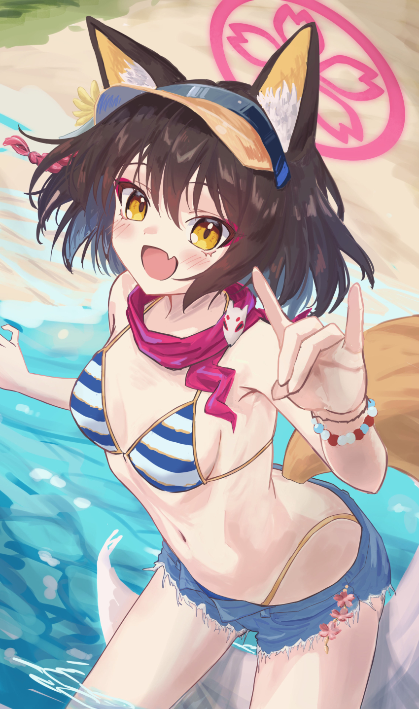 1girl, absurdres, animal_ear_fluff, animal_ears, armpit_crease, bare_shoulders, bikini, black_hair, blue_archive, blue_bikini, commentary_request, denim, denim_shorts, fang, fox_ears, fox_girl, fox_shadow_puppet, fox_tail, grey_shorts, halo, highres, izuna_(blue_archive), izuna_(swimsuit)_(blue_archive), lamune_otohara, navel, official_alternate_costume, open_mouth, outdoors, pink_halo, red_scarf, scarf, short_hair, shorts, skin_fang, smile, solo, stomach, swimsuit, tail, white_bikini, yellow_eyes