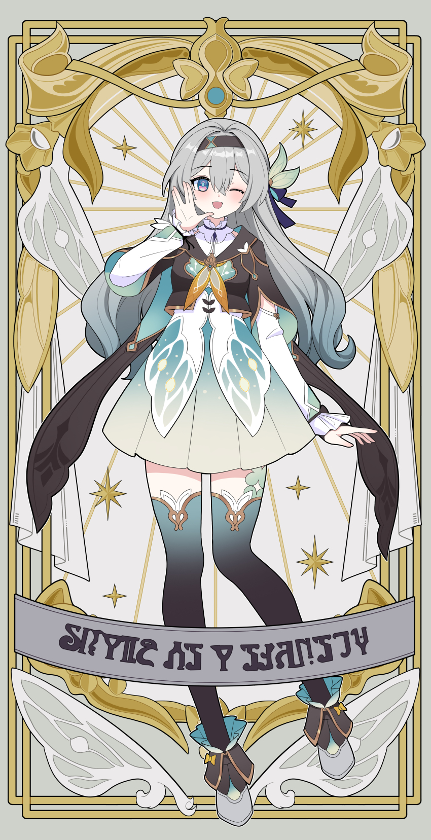 1girl, absurdres, aqua_skirt, black_hairband, black_jacket, breasts, cropped_jacket, dress