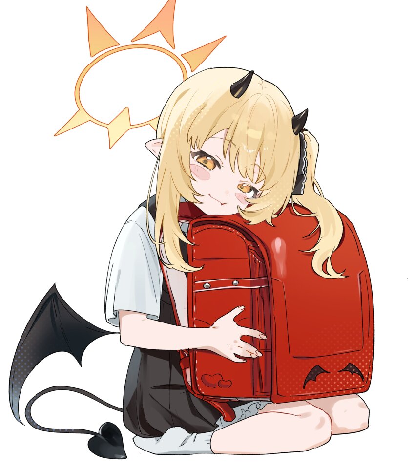 1girl, absurdres, backpack, bag, black_dress, black_horns, black_tail, black_wings