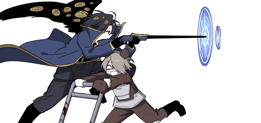 2others, animal_ears, armor, bear_ears, black_coat, black_footwear, black_hair, black_pants