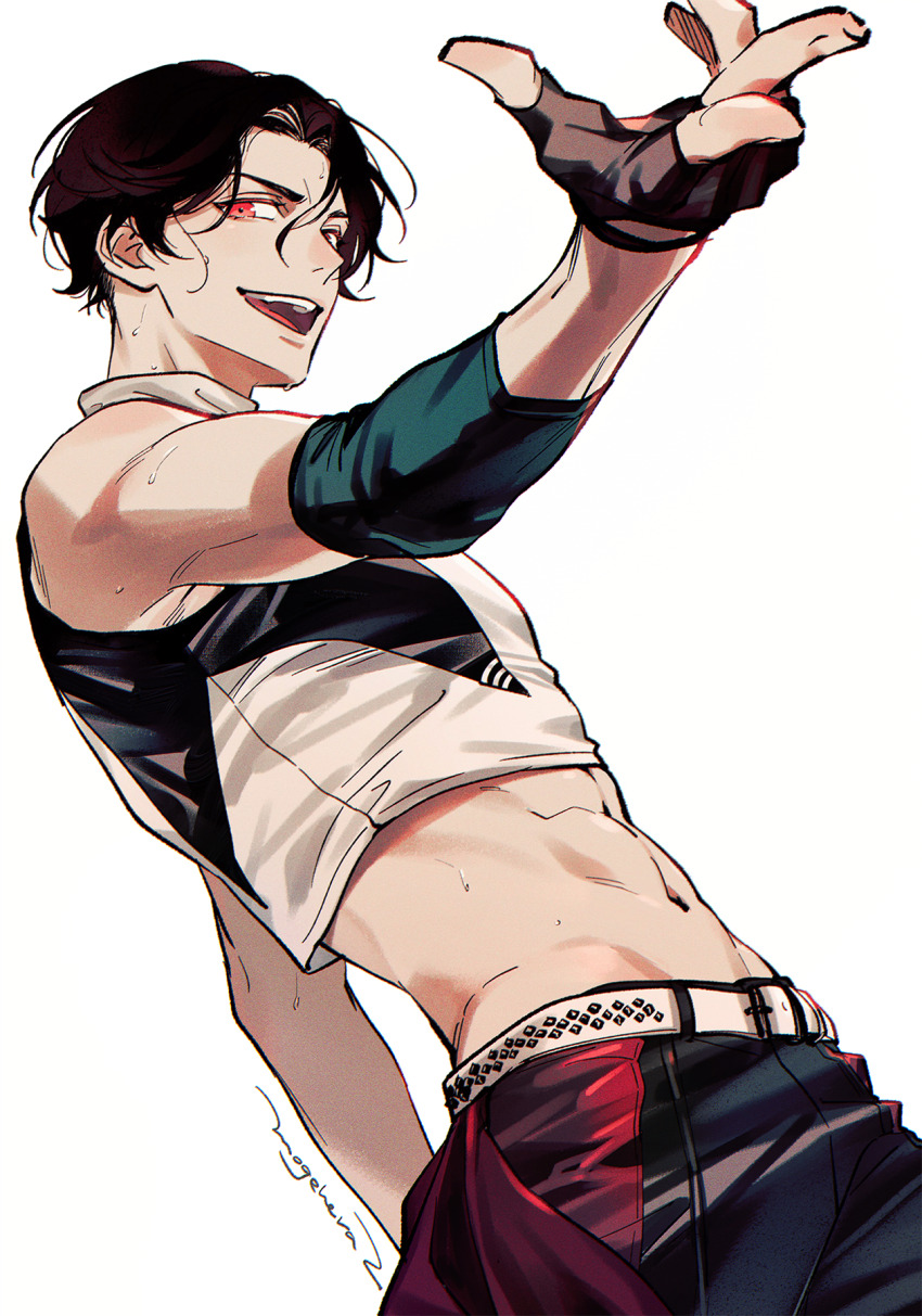 1boy, abs, arm_up, belt, black_gloves, black_hair, black_pants, buzen_gou