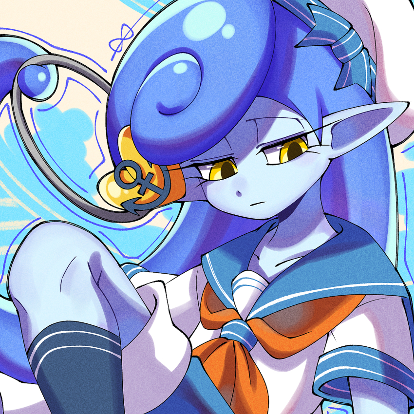 1boy, anchor, blue_hair, blue_skin, colored_skin, highres, long_hair, male_focus