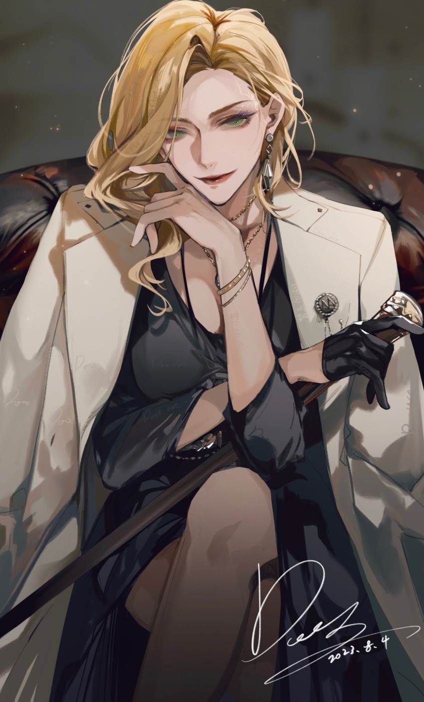 1girl, absurdres, alternate_costume, bare_legs, black_dress, black_gloves, blonde_hair, bracelet