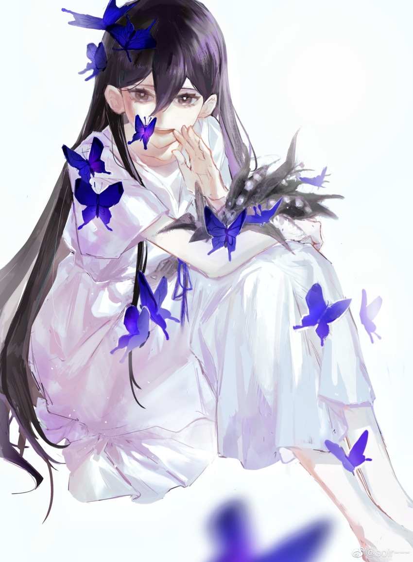 1girl, absurdres, arm_rest, barefoot, black_eyes, black_hair, blue_butterfly, bug
