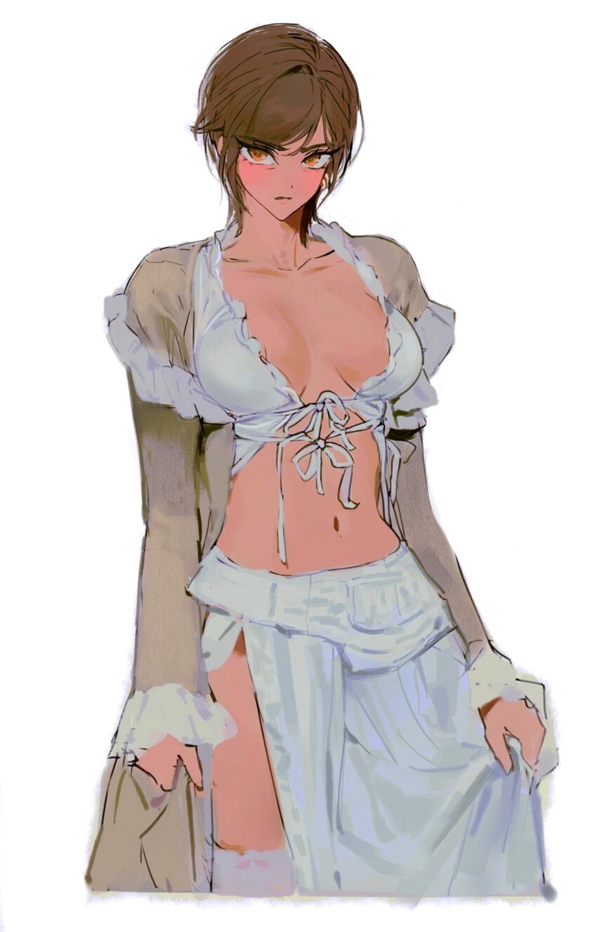 1girl, breasts, breasts_apart, brown_coat, brown_hair, coat, cowboy_shot, dark-skinned_female, dark_skin, dress, earrings, frilled_sleeves, frills, highres, huyj_cl, jewelry, juliet_sleeves, limbus_company, long_hair, long_sleeves, looking_at_viewer, navel, orange_eyes, outis_(project_moon), project_moon, puffy_sleeves, shirt, short_hair, side_slit, simple_background, solo, thighhighs, white_background, white_dress, white_shirt, white_thighhighs