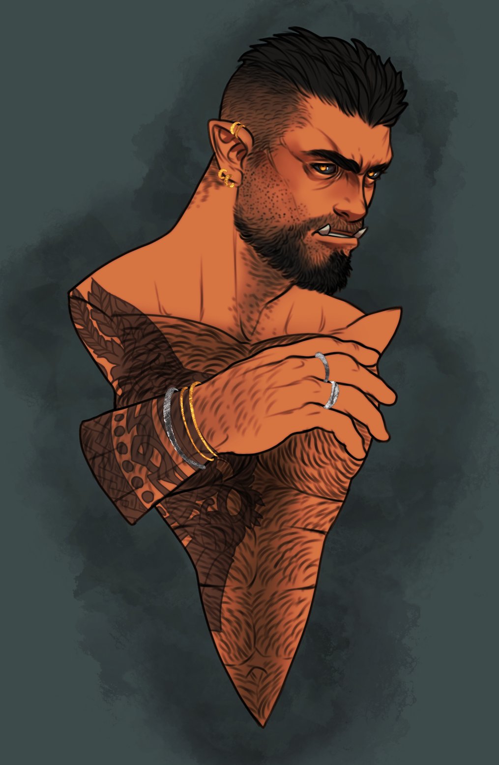1boy, abs, bara, beard, black_sclera, colored_sclera, cropped_torso, dark, dark-skinned_male, dark_skin, earrings, facial_hair, highres, jewelry, looking_ahead, male_focus, mature_male, monster_boy, movd_art, multiple_rings, muscular, muscular_male, navel, navel_hair, neckbeard, nude, orc, original, ring, short_hair, solo, stomach, thick_beard, thick_eyebrows, tusks, undercut, very_hairy