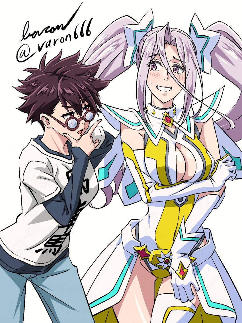 1girl, 2girls, baron_(varon666), breasts, cleavage, fuuto_tantei, highres, kamen_rider, kamen_rider_w, large_breasts, long_hair, moriguchi_monako, multiple_girls, purple_eyes, purple_hair, tokime_(fuuto_tantei), twintails, varon