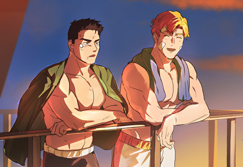 2boys, absurdres, against_fence, ao_isami, black_hair, blonde_hair, bruise, couple